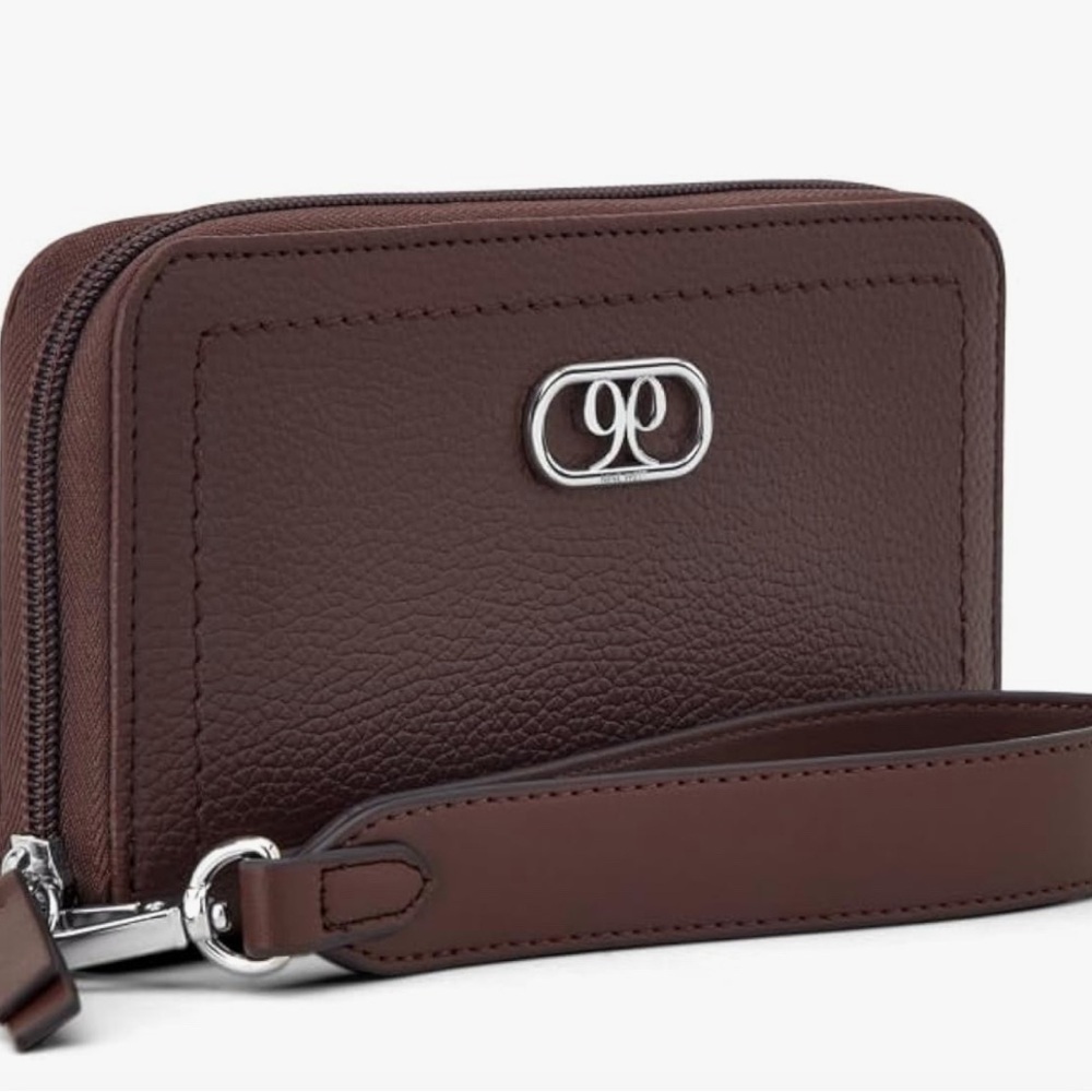 Brown Leather Wristlet with Silver Logo